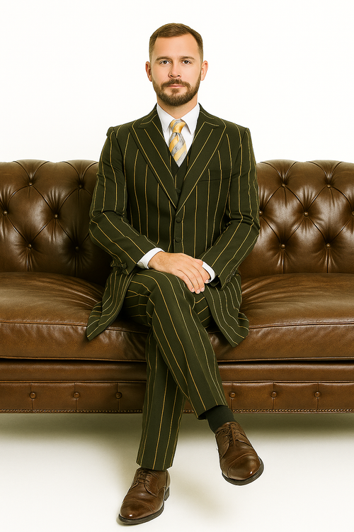 Pinstripe Zoot Suit For Men - Gangster Wedding Suit in Black and Gold Pinstripe