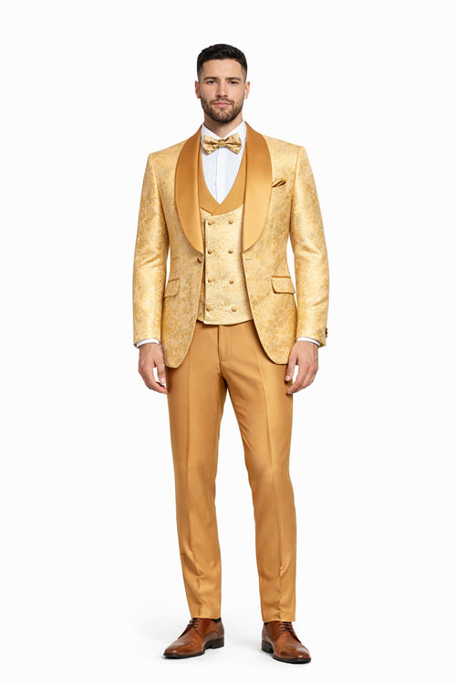 Gold Paisley 3-Piece Skinny Fit Suit β Wide Shawl Lapel with Matching Bow Tie