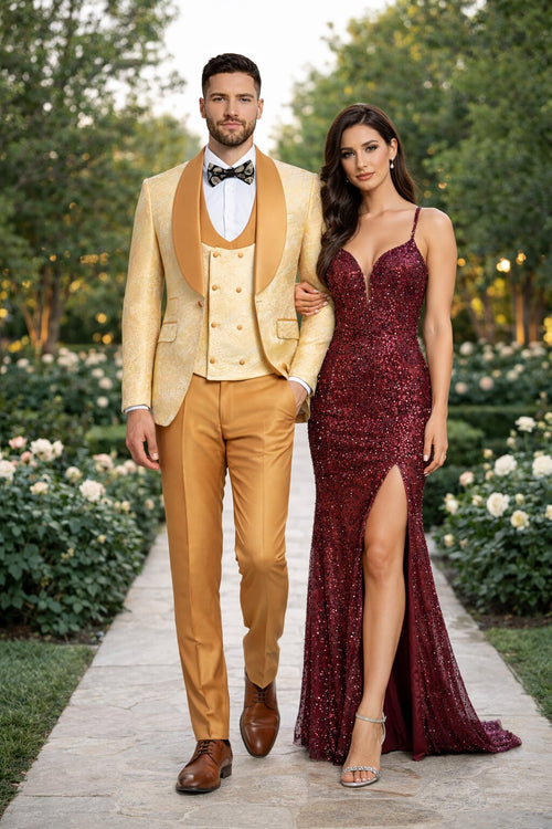 Gold Paisley 3-Piece Skinny Fit Suit β Wide Shawl Lapel with Matching Bow Tie