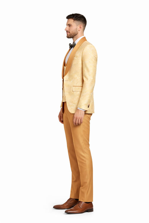 Gold Paisley 3-Piece Skinny Fit Suit β Wide Shawl Lapel with Matching Bow Tie
