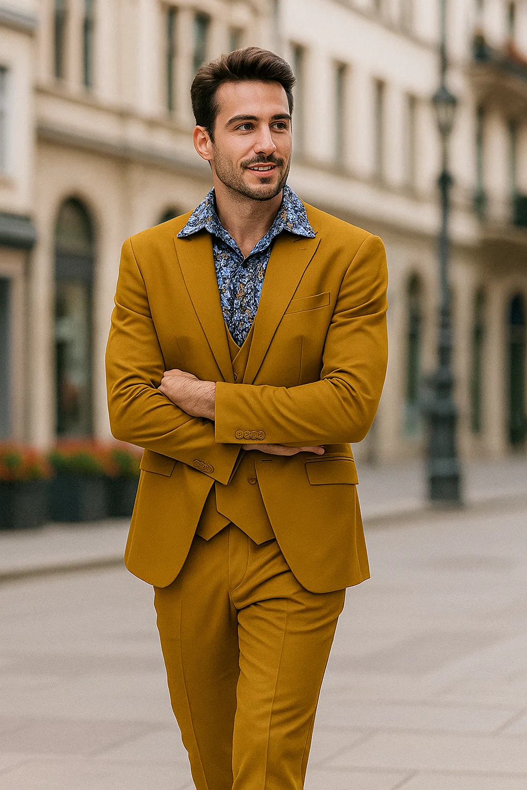 Stylish Gold 3-Piece Suit for Men – Peak Lapel, Vested, Two Button Jacket - 34 Short