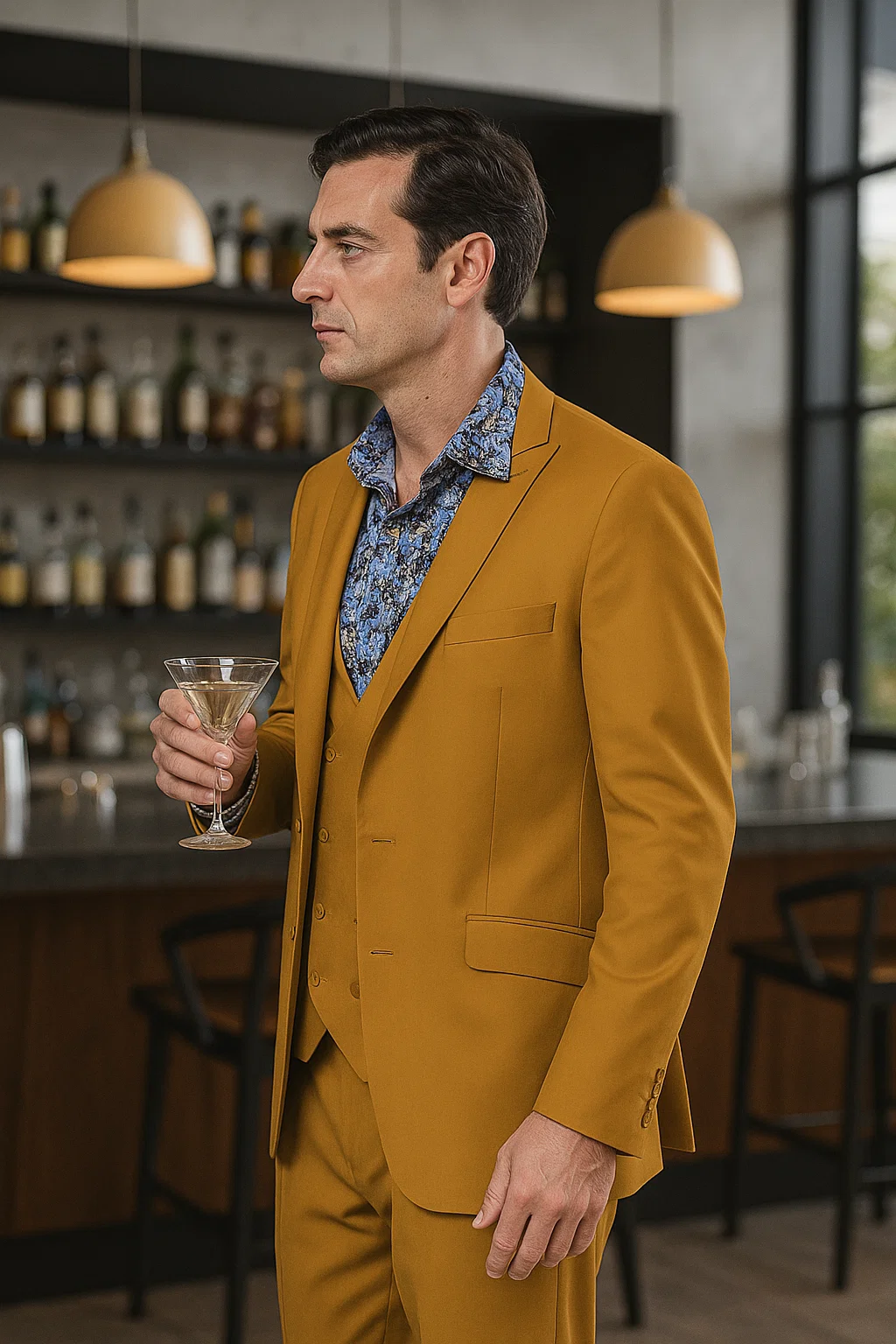 Stylish Gold 3-Piece Suit for Men – Peak Lapel, Vested, Two Button Jacket - 34 Short