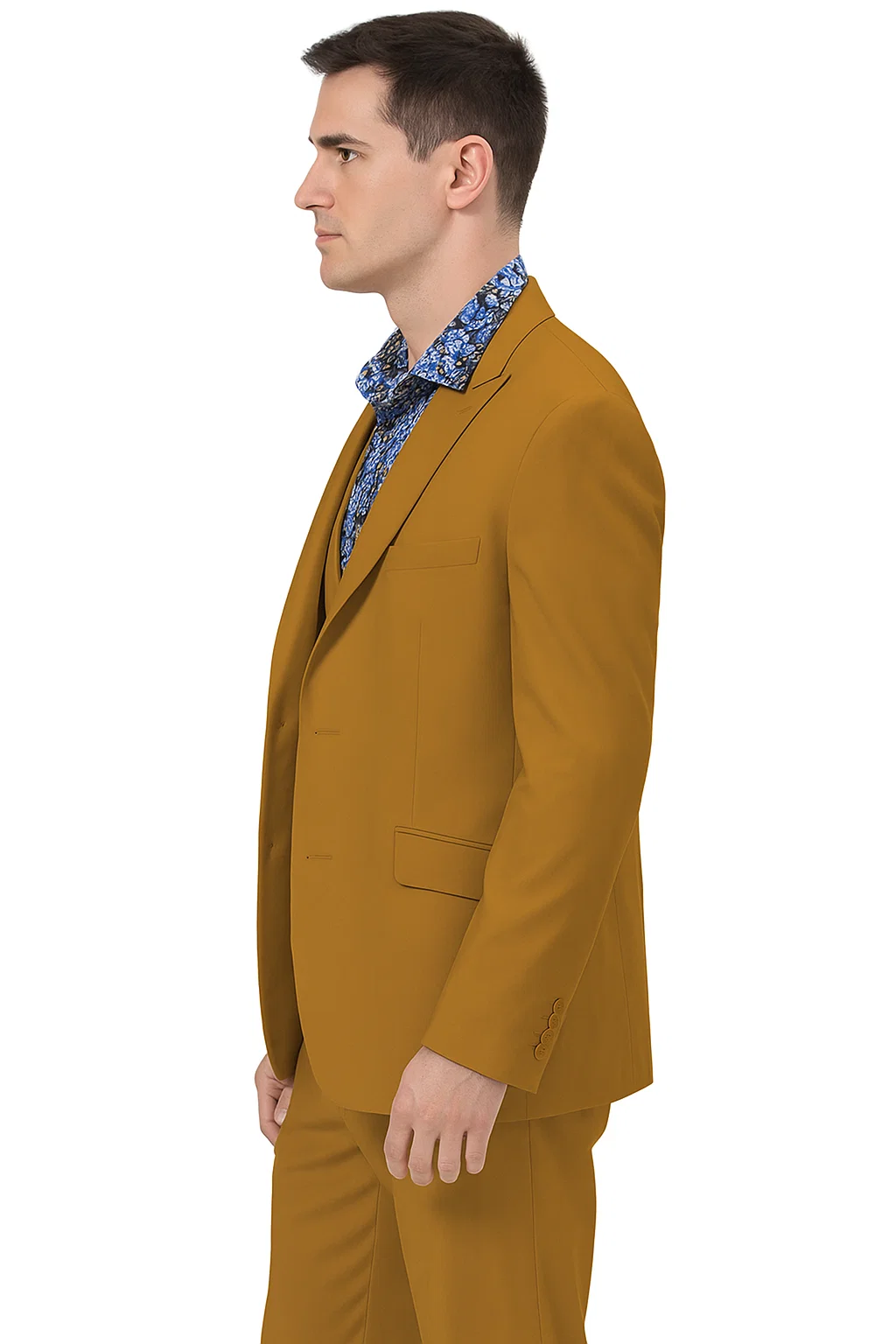 Stylish Gold 3-Piece Suit for Men – Peak Lapel, Vested, Two Button Jacket - 34 Short