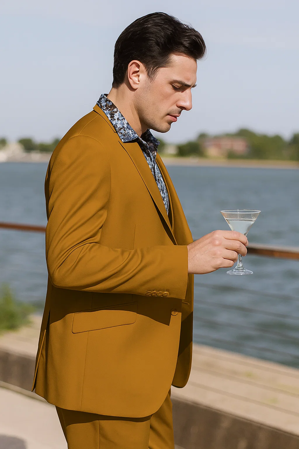 Stylish Gold 3-Piece Suit for Men – Peak Lapel, Vested, Two Button Jacket - 34 Short
