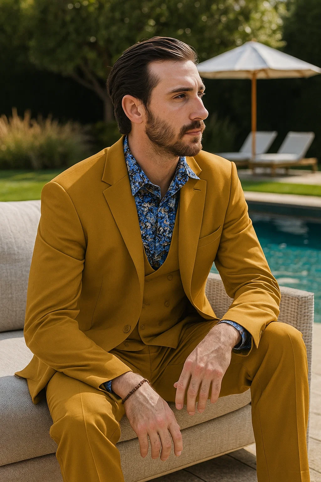 Stylish Gold 3-Piece Suit for Men – Peak Lapel, Vested, Two Button Jacket - 34 Short