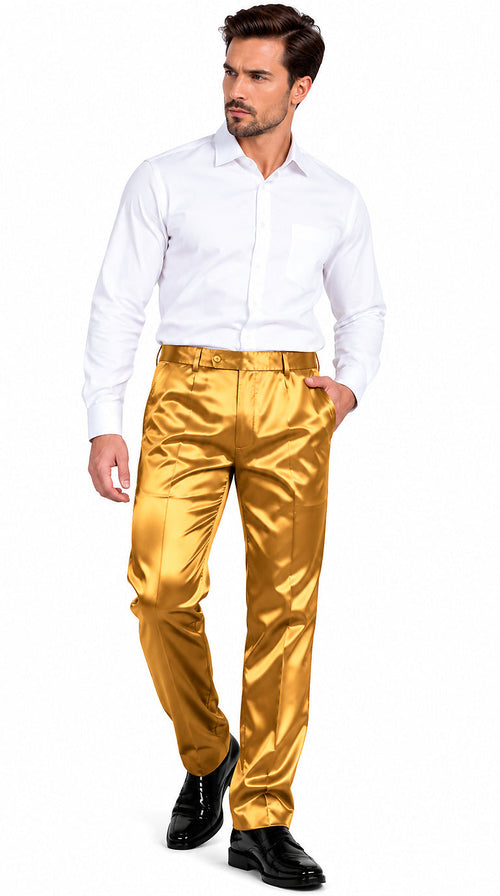 Mens Shiny Stretch Pants Solid Color Slim Fit Sateen Flashy Metallic Slacks in Color "Gold"