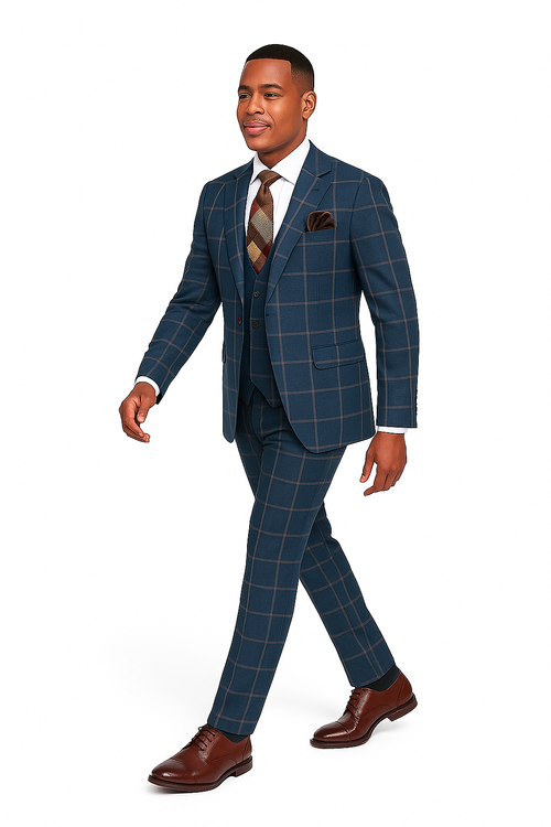 Rossiman Mens Navy & Gray Plaid Suit - Classic Windowpane Double-Breasted Design