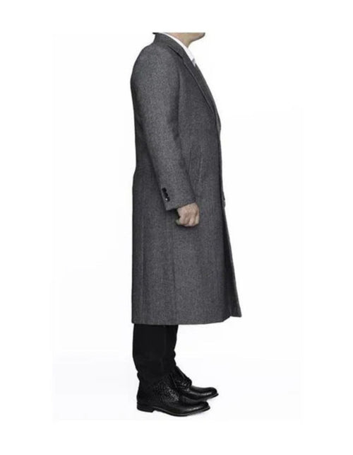 Mens Topcoat Mens Dress Coat Removable Fur Collar Full Length Wool Herringbone Grey coat