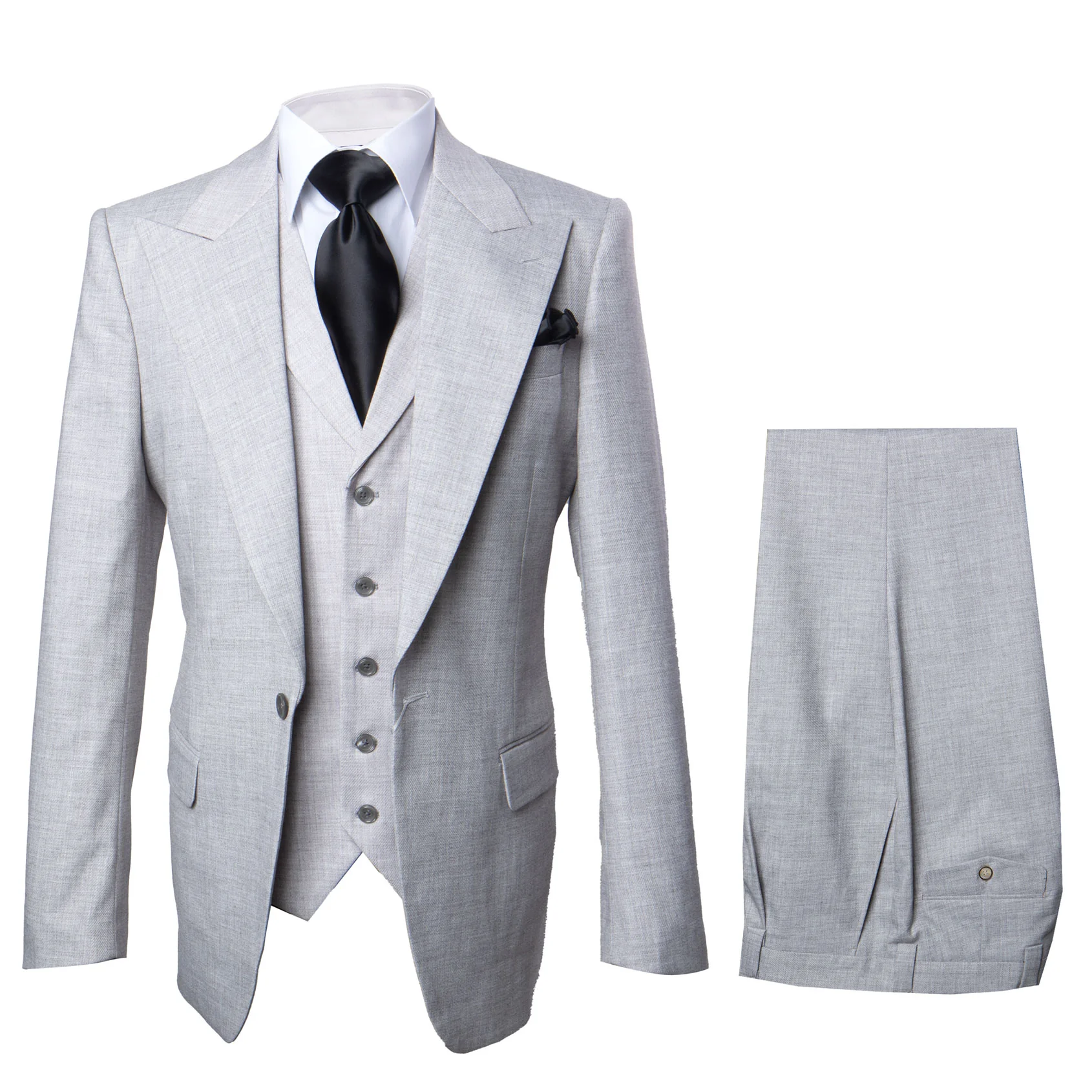 Suits With Baggy Pleated Pants - Wide Leg Pants 100% Wool - Classic Fit in Grey One Button 3 Piece Suit by Rossiman - 38 Regular