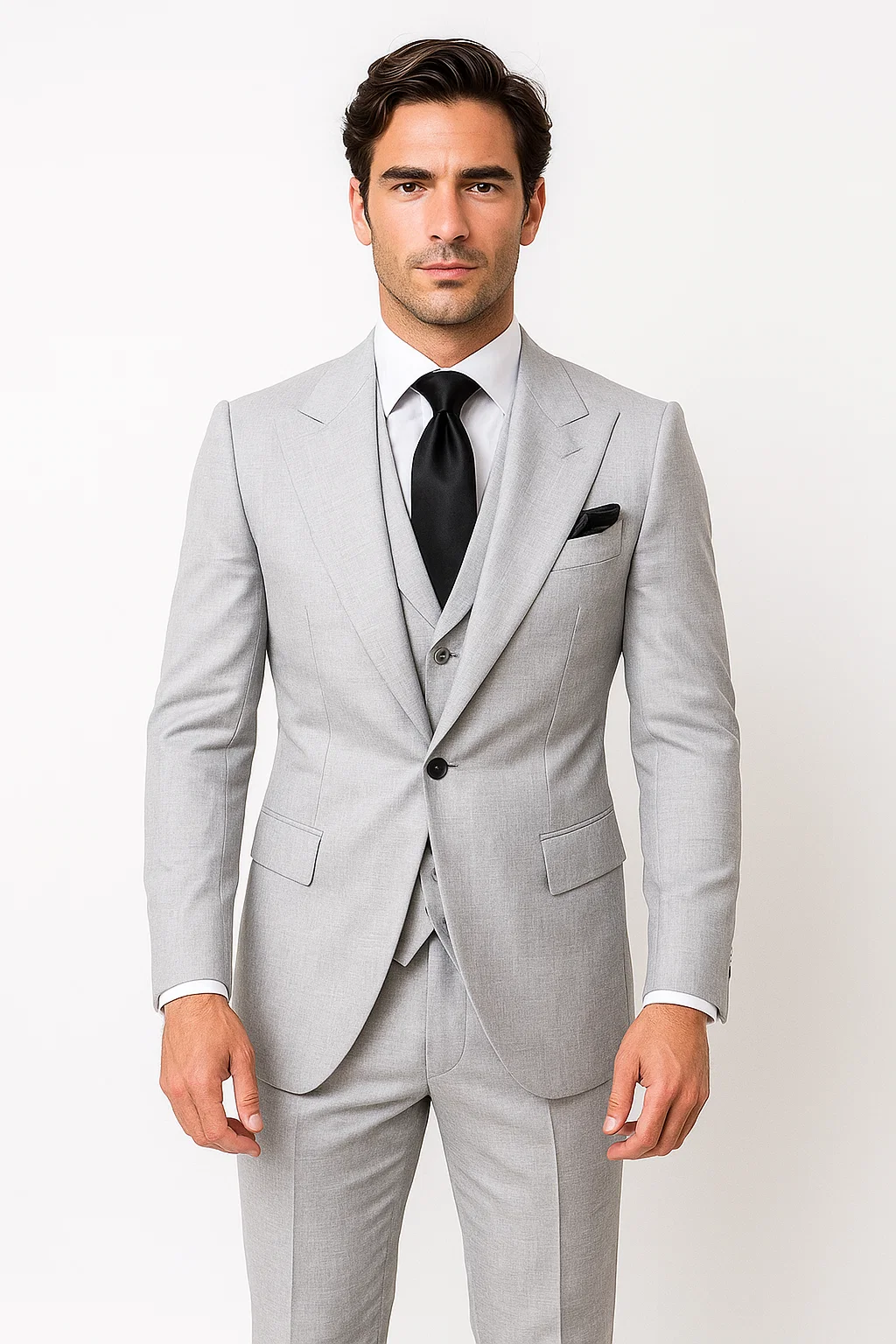 Suits With Baggy Pleated Pants - Wide Leg Pants 100% Wool - Classic Fit in Grey One Button 3 Piece Suit by Rossiman - 38 Regular