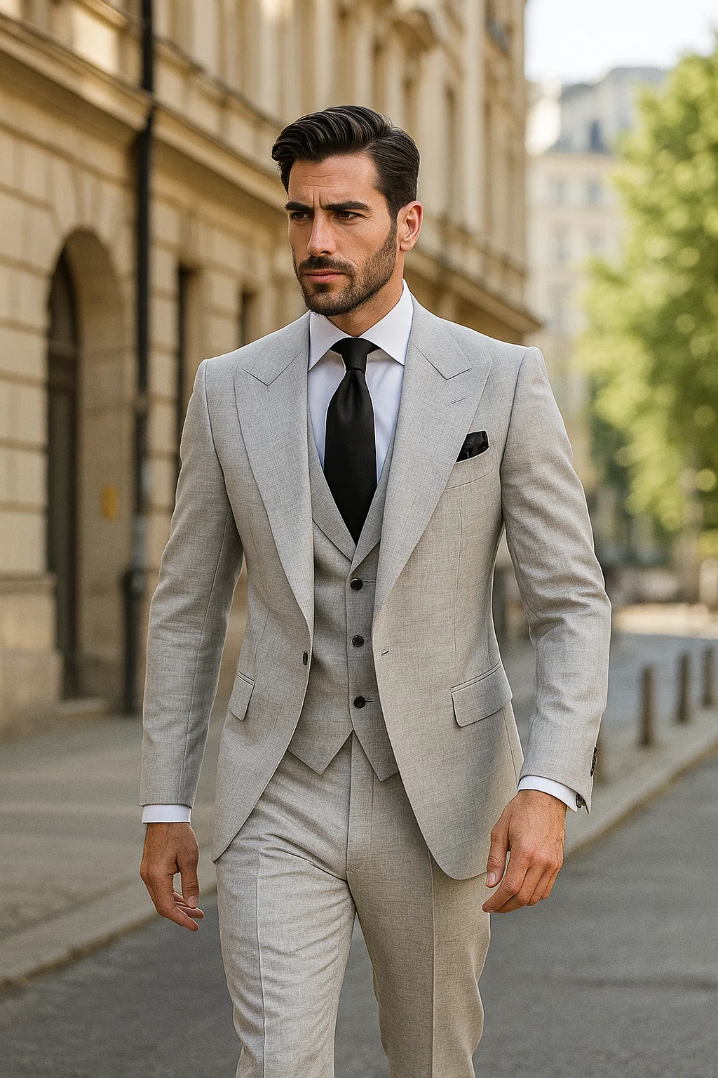 Suits With Baggy Pleated Pants - Wide Leg Pants 100% Wool - Classic Fit in Grey One Button 3 Piece Suit by Rossiman - 38 Regular