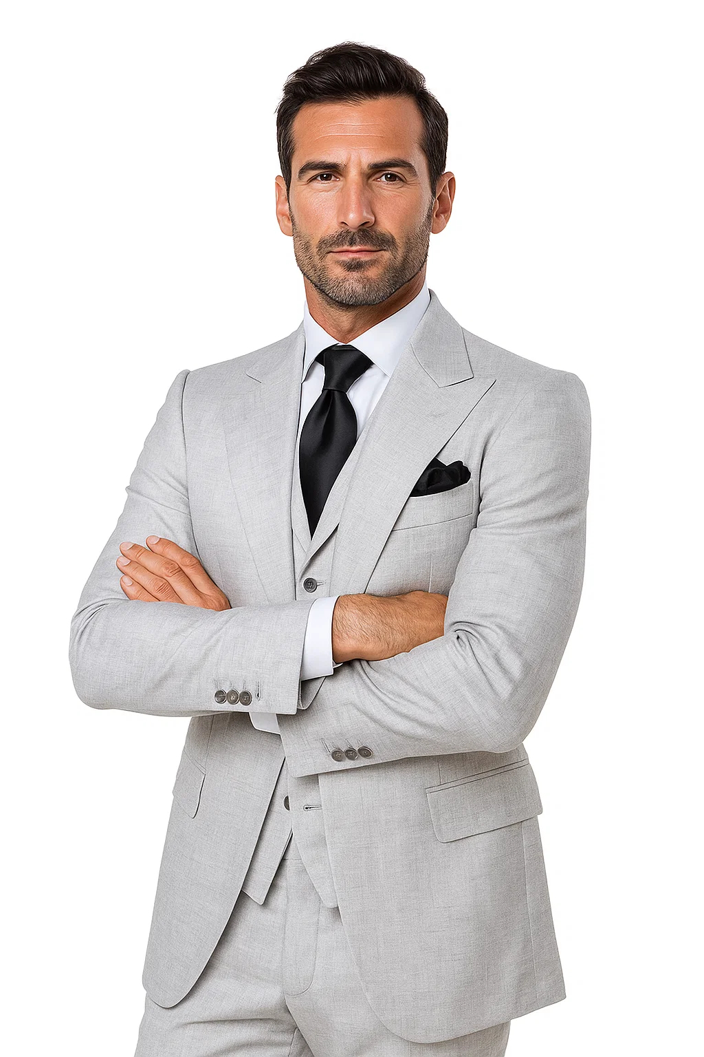 Suits With Baggy Pleated Pants - Wide Leg Pants 100% Wool - Classic Fit in Grey One Button 3 Piece Suit by Rossiman - 38 Regular