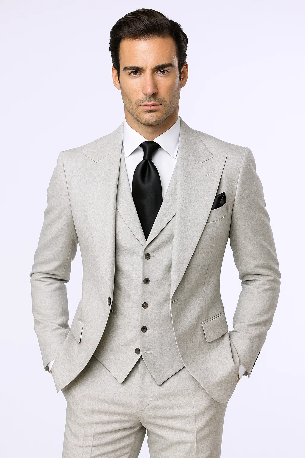 Suits With Baggy Pleated Pants - Wide Leg Pants 100% Wool - Classic Fit in Grey One Button 3 Piece Suit by Rossiman - 38 Regular