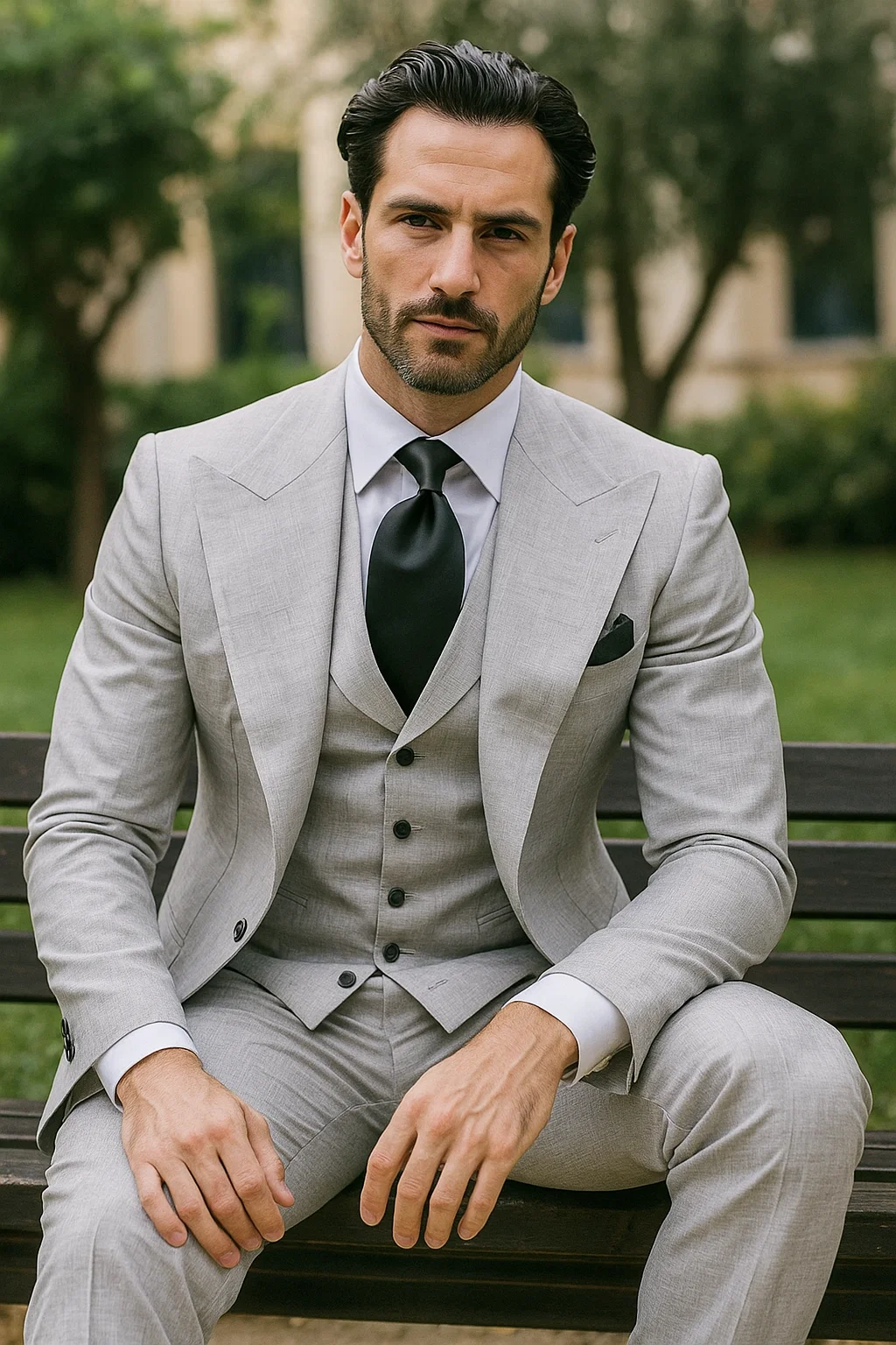 Suits With Baggy Pleated Pants - Wide Leg Pants 100% Wool - Classic Fit in Grey One Button 3 Piece Suit by Rossiman - 38 Regular