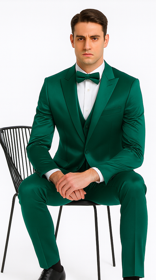 Stylish Green Satin 3 Piece Slim Fit Tazzio Men's Suit with Peak Lapel Suit