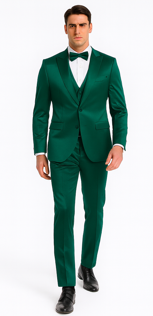 Stylish Green Satin 3 Piece Slim Fit Tazzio Men's Suit with Peak Lapel Suit