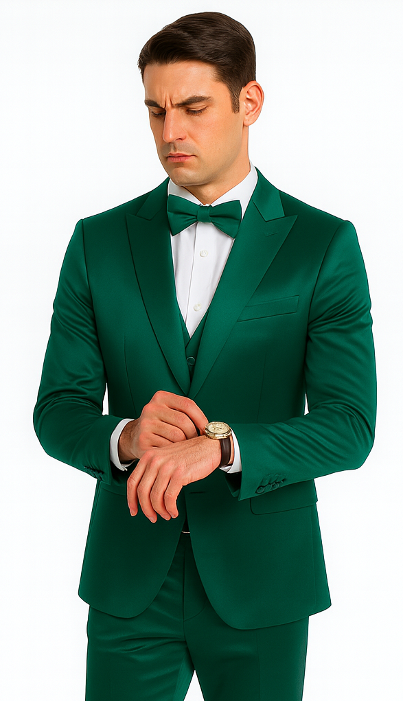 Stylish Green Satin 3 Piece Slim Fit Tazzio Men's Suit with Peak Lapel Suit - 34 Short or Extra Small