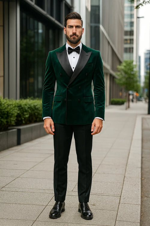 Green Velvet Double Breasted Tuxedo Jacket Wedding & Prom