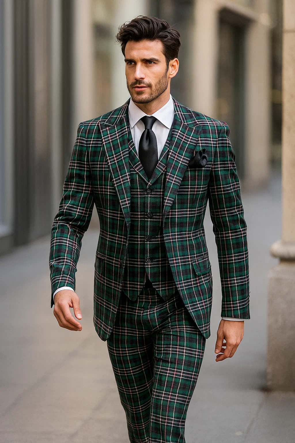 Suits With Baggy Pleated Pants - Wide Leg Pants 100% Wool - Classic Fit in Green Color by Rossiman - 38 Regular