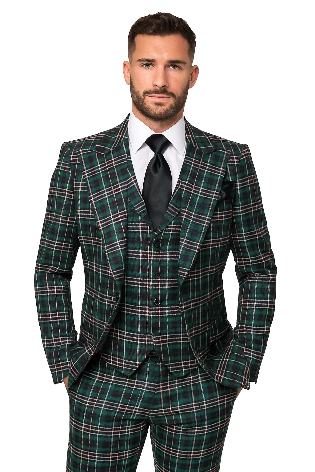 Suits With Baggy Pleated Pants - Wide Leg Pants 100% Wool - Classic Fit in Green Color by Rossiman - 38 Regular