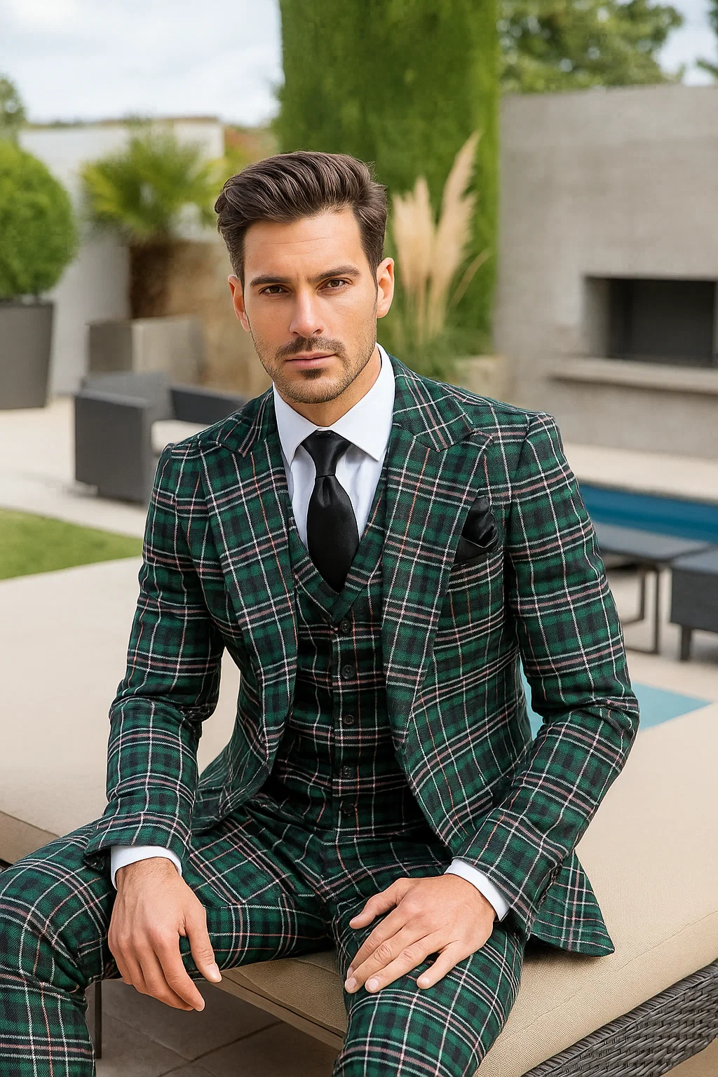 Suits With Baggy Pleated Pants - Wide Leg Pants 100% Wool - Classic Fit in Green Color by Rossiman - 38 Regular