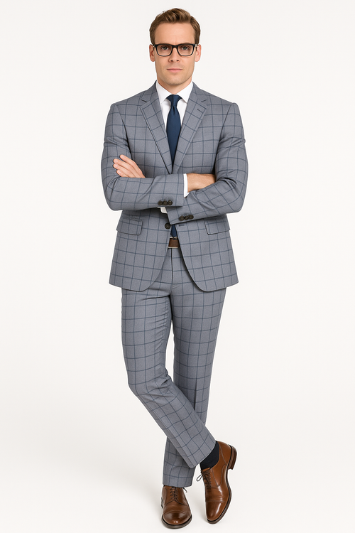 Gray Groomsmen Suits Mens Slim Fit Window Pane Suit Grey