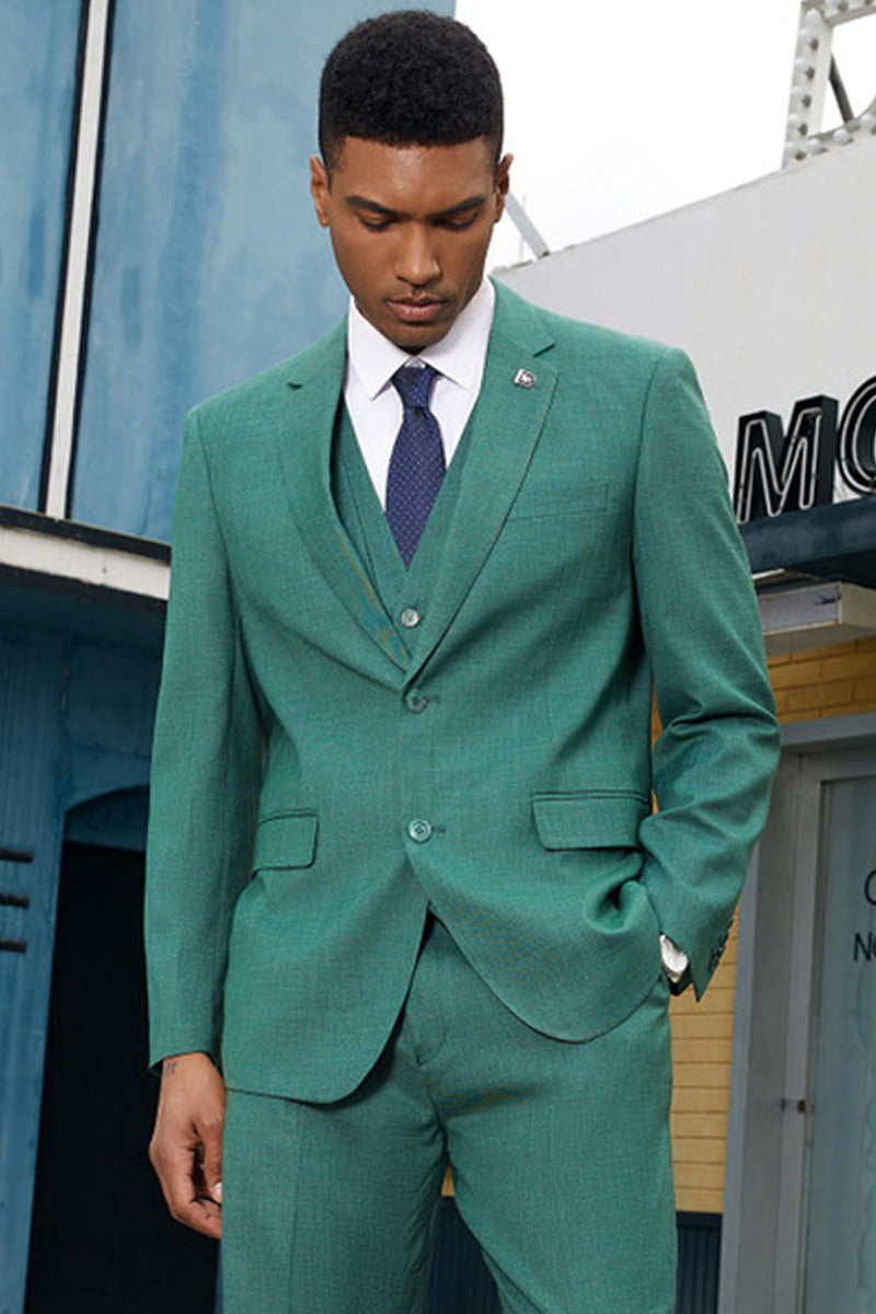 "Mens Stacy Adams Suit - Stacy Adams Suit Men's Fancy Two-Button Vested Suit in Neon Teal Green" - 34 Short