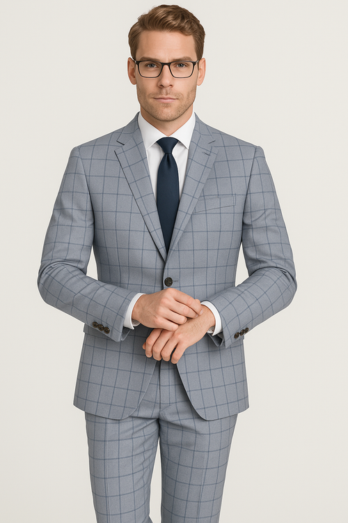 Gray Groomsmen Suits Mens Slim Fit Window Pane Suit Grey