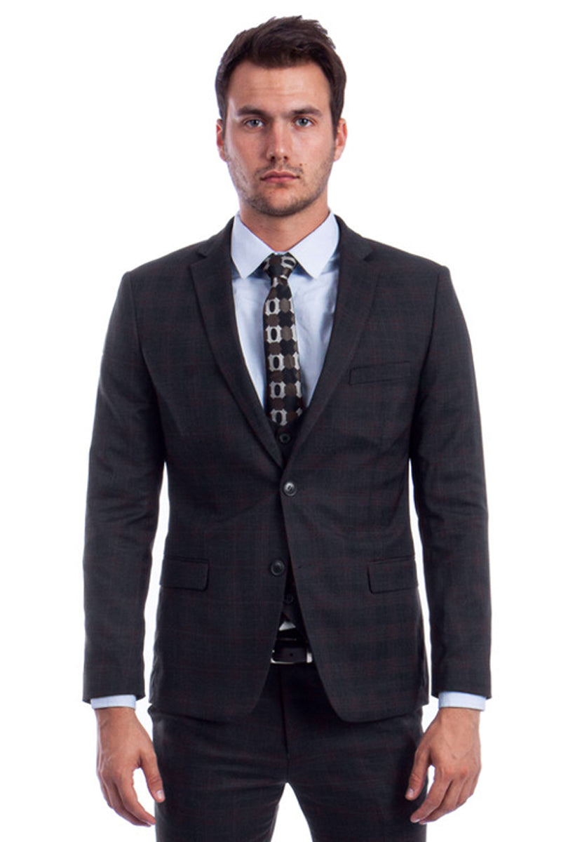"Black Plaid Men's Skinny Fit Suit with Two-Button Vest - Low Cut" - 34 Short