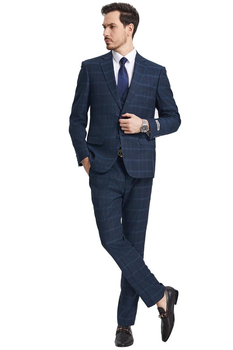 Men's Stacy Adams Vested Modern Fit Windowpane Plaid Suit in Navy Blue - 38 Regular