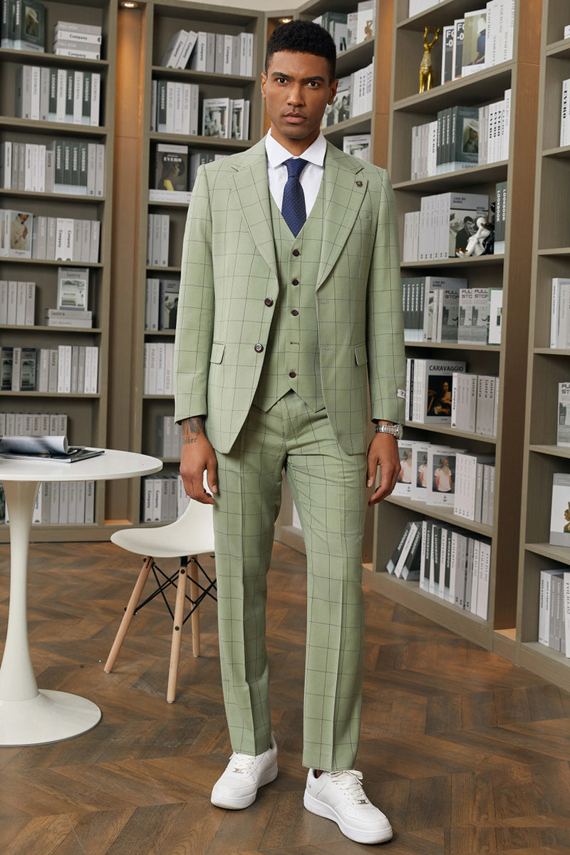 "Mens Stacy Adams Suit -Stacy Adams Suit Men's Sage Green Windowpane Plaid Vested Suit" - 34 Short