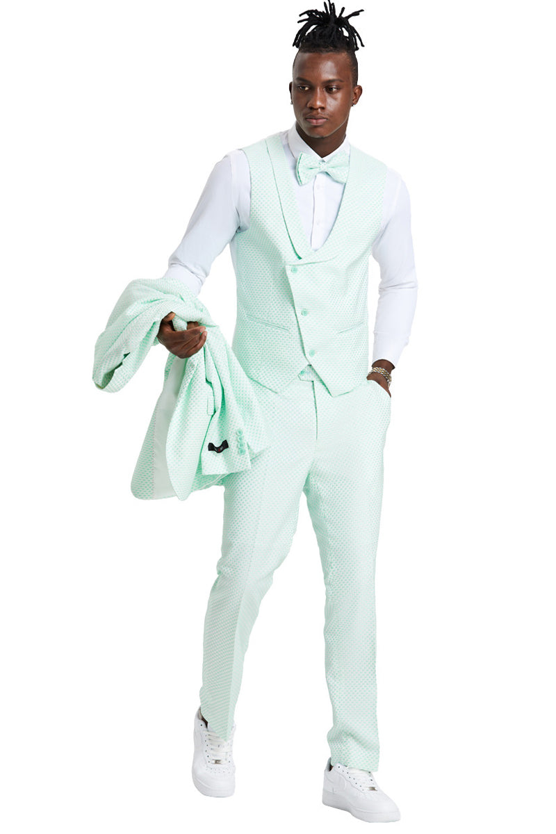 "Men's Mint Green Polka Dot Prom 2025 & Wedding Suit - One Button Double Breasted Vest" - 34 Short