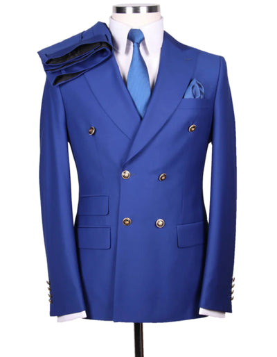 Mens Double breasted Suit - "Cobalt Blue" 1920s 1980s Style Peak Lapel Suits - Back Side Vented Mens Designer Modern Fit Double Breasted Wool Suit with Gold Buttons in Cobalt Blue