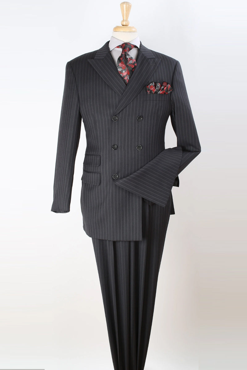 Wool Men Suits Set Grey Stripe Double Breasted Formal Wear Clothing Blazer Vest Pant