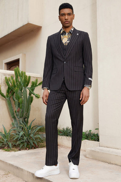 "Mens Stacy Adams Suit -Stacy Adams Suit Men's Modern Black Pinstripe Vested Suit - One Button"