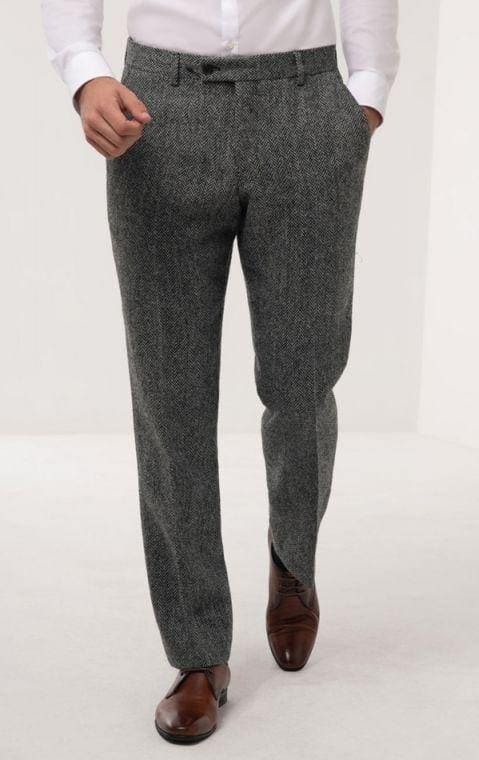 Winter - Fall Fabric Tweed of Scotland Grey Herringbone Suit - 38 Short Jacket+32 Waist Adjust 28to34)(Height: 5 4 to5 7 )(Neck 15-16.5)S-M)