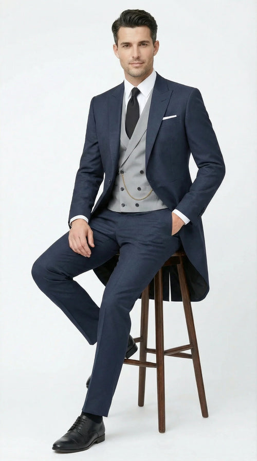 Mens Navy Blue Three Piece Formal Suit Cutaway Tuxedo Blazer Trousers for Wedding Tailcoat