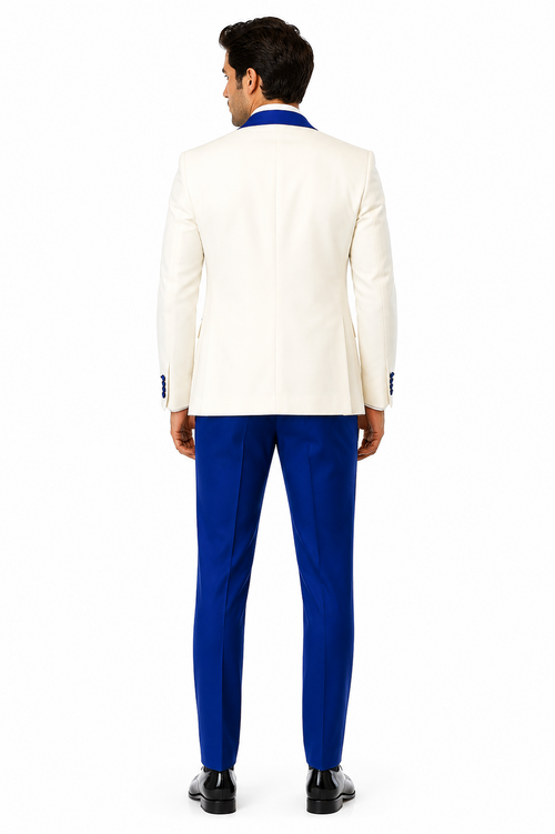 Hilton White and Royal Blue Paisley Peak Lapel Tuxedo Jacket with Matching Shawl Vest and Wool Pants Includes Bow Tie