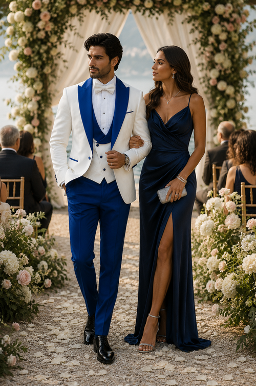 Hilton White and Royal Blue Paisley Peak Lapel Tuxedo Jacket with Matching Shawl Vest and Wool Pants Includes Bow Tie