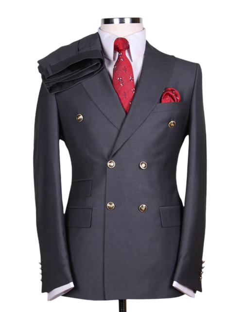 Mens Designer Modern Fit Double Breasted Wool Suit with Gold Buttons in Charcoal - For Men Fashion Perfect For Wedding or Prom 2026 or Business or Church