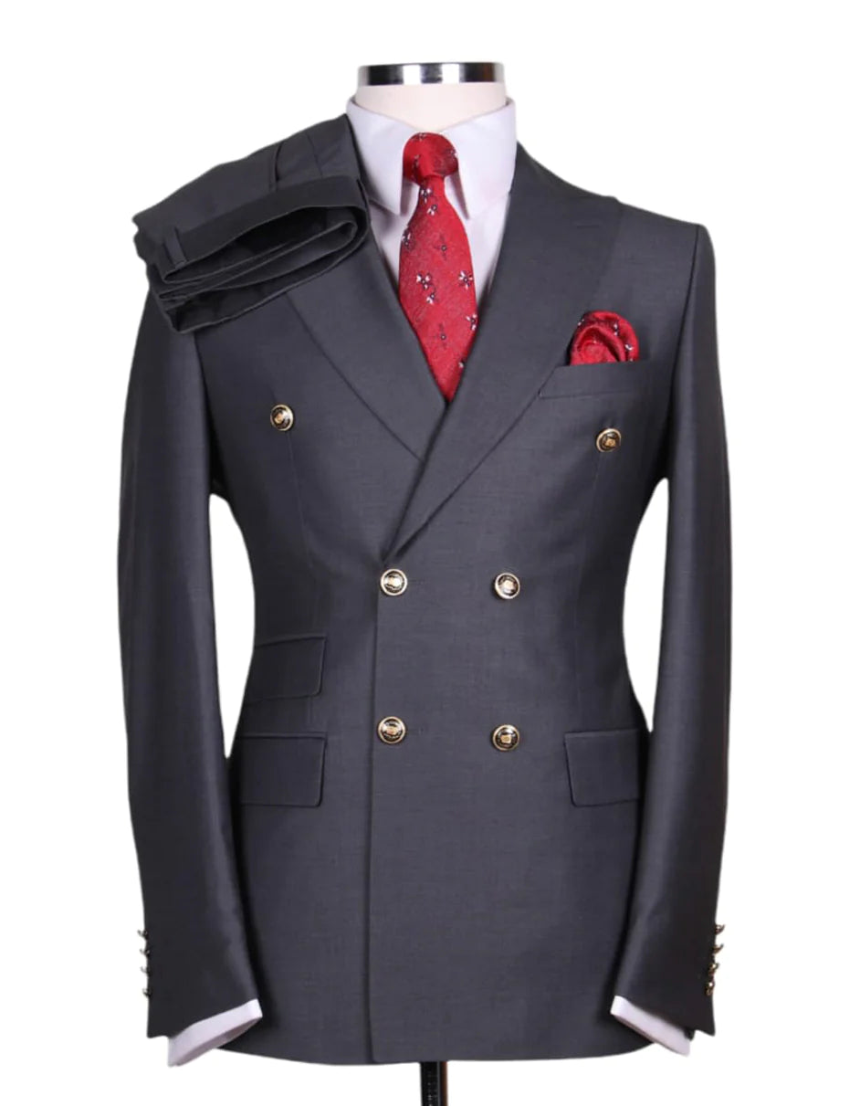 Mens Double breasted Suit - "Charcoal" 1920s 1980s Style Peak Lapel Suits - Back Side Vented Mens Designer Modern Fit Double Breasted Wool Suit with Gold Buttons in Charcoal - 36 Regular
