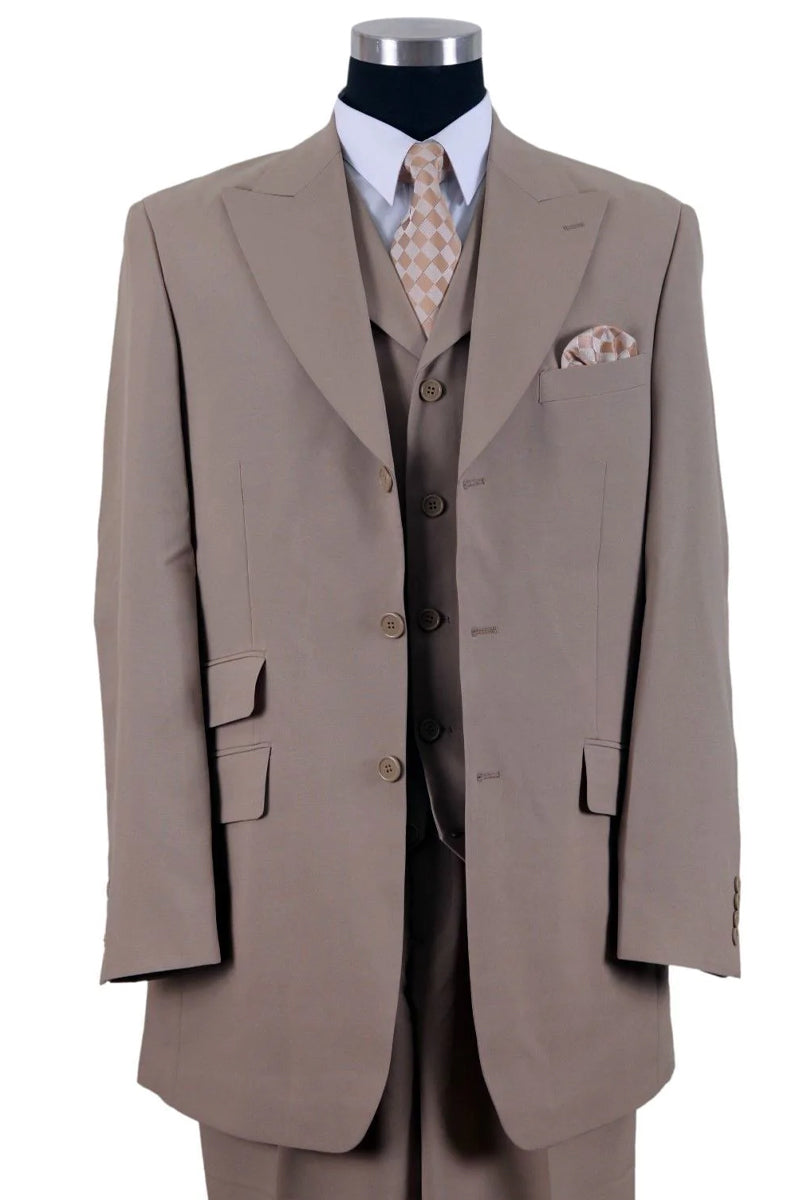 "Tan Men's Fashion Suit with 3-Button Vested Wide Peak Lapel"