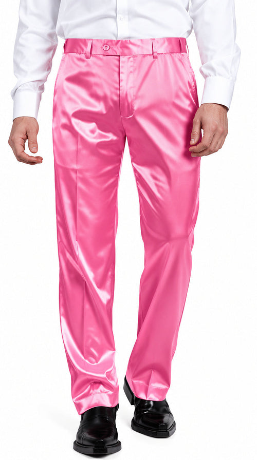 Mens Shiny Stretch Pants Solid Color Slim Fit Sateen Flashy Metallic Slacks in Color "Pink"