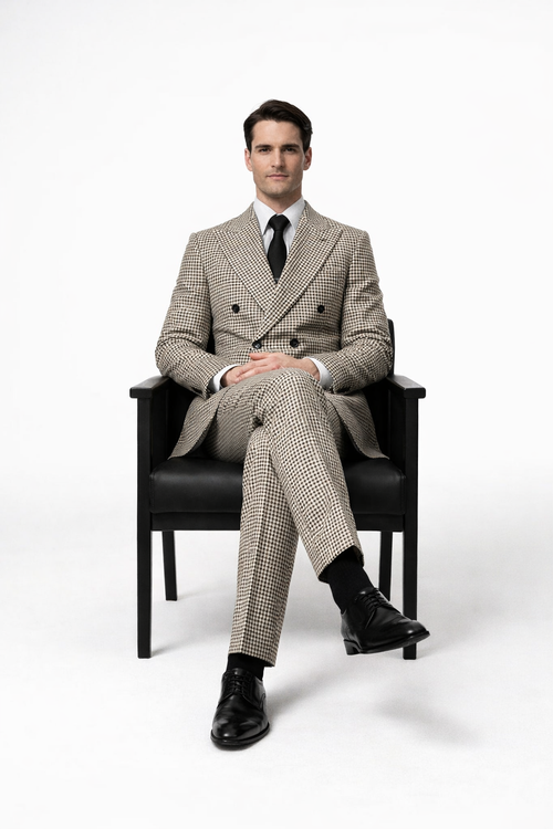Houndstooth Double Breasted Suit - Wool Fabric Black and White Patterned Checkered Suit-New Designer Collection