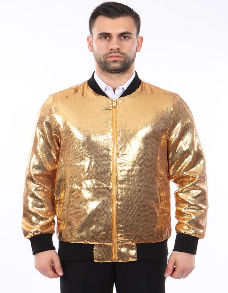 Gold Sequin Bomber Jacket for Men - Shiny Party Wear - Large