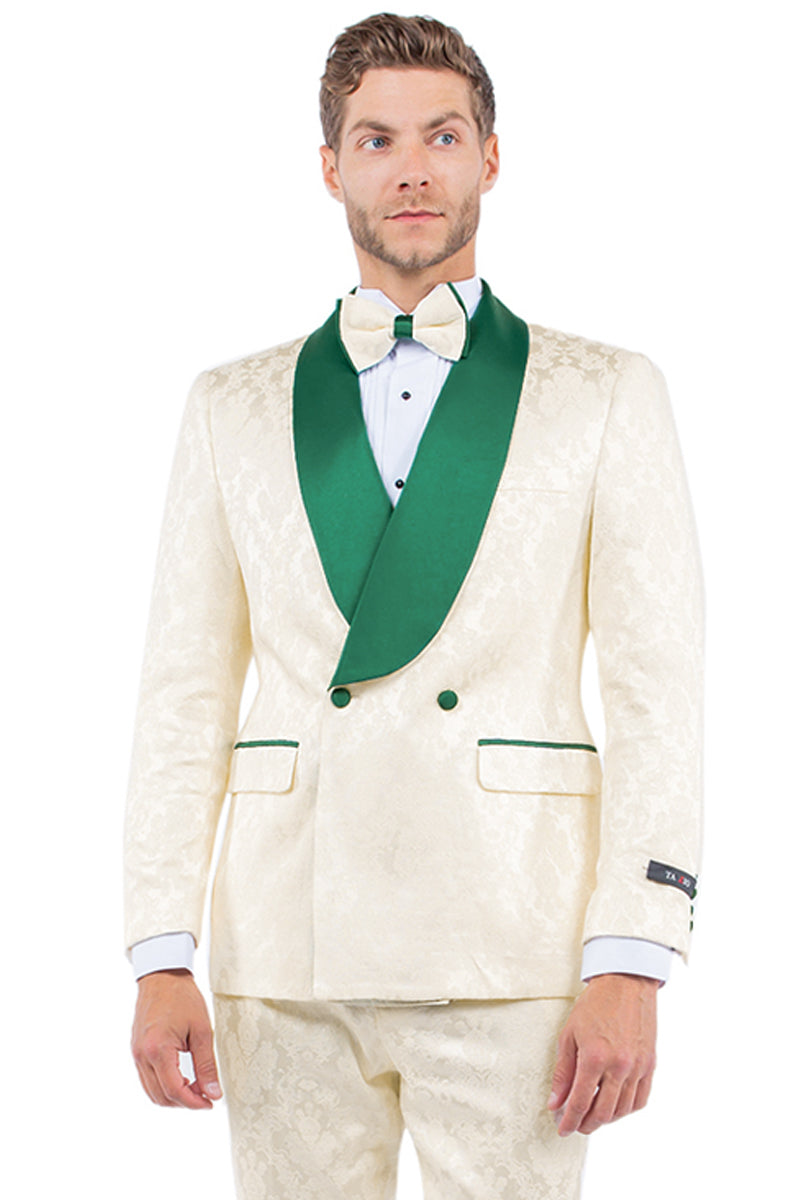 Emerald Green & Ivory Men's Slim Fit Paisley Tuxedo - Double Breasted Smoking Jacket for Prom & Wedding - 34 Short