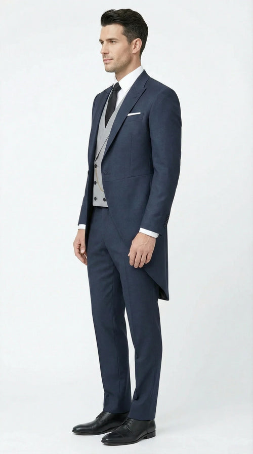 Mens Navy Blue Three Piece Formal Suit Cutaway Tuxedo Blazer Trousers for Wedding Tailcoat