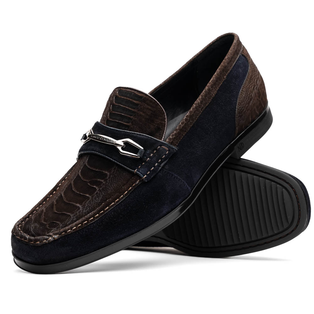 Marco Di Milano Brown-Navy Hugo Sueded Ostrich Leg Bit Loafers - 8