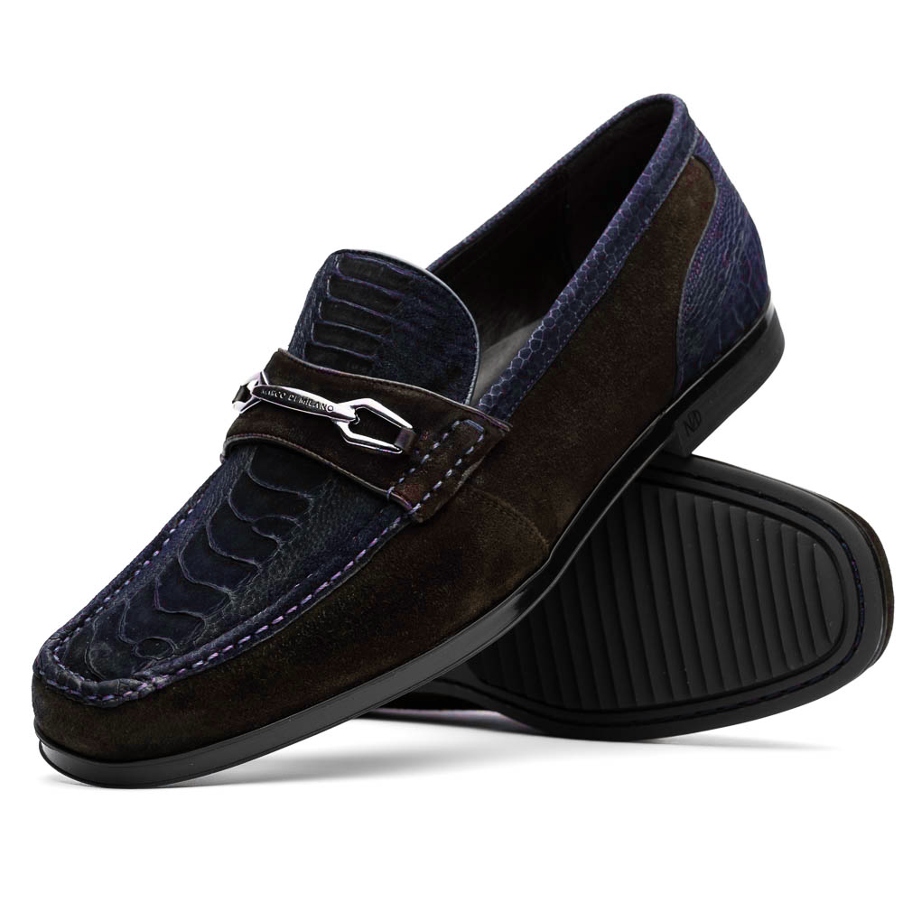 Marco Di Milano Navy-Brown Hugo Sueded Ostrich Leg Bit Loafers - 8