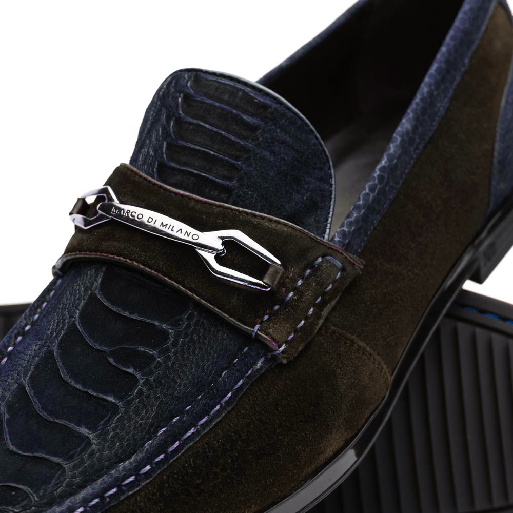 Marco Di Milano Navy-Brown Hugo Sueded Ostrich Leg Bit Loafers - 8